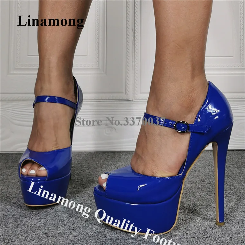 

Linamong Fashion Peep Toe High Platform Stiletto Heel Sandals Blue Patent Leather Ankle Strap High Heel Sandals Dress Heels