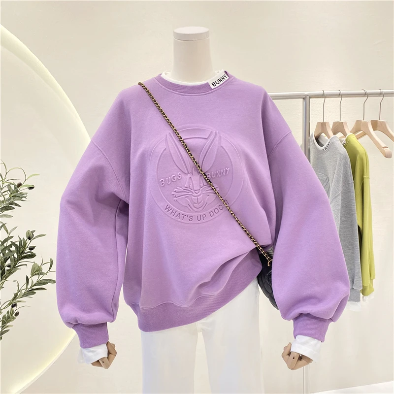 

Women Pullovers Sweatshirt Fake Two Piece 2021 New Autumn Winter Three-dimensional Cartoon Rabbit Students Hoodies Top Casual