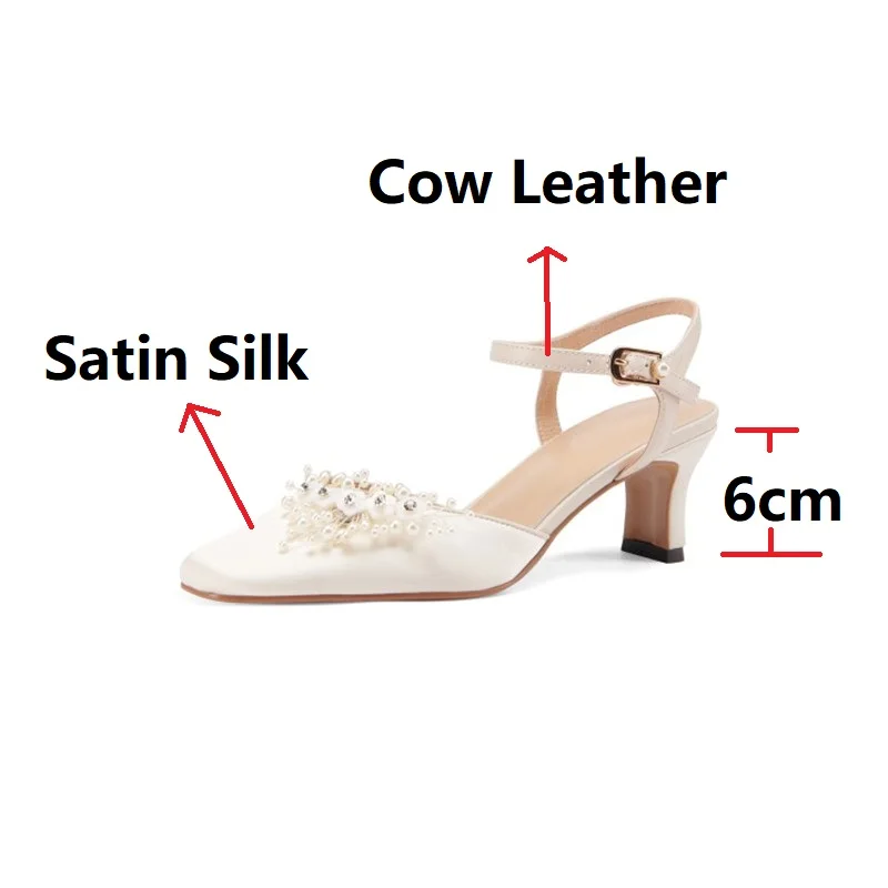 

2021 New Spring Summer Closed Toe Sandals Shoes Women Satin Silk Pearls Flowers Wedding Party Bride High Heels Shoes Beige Pink