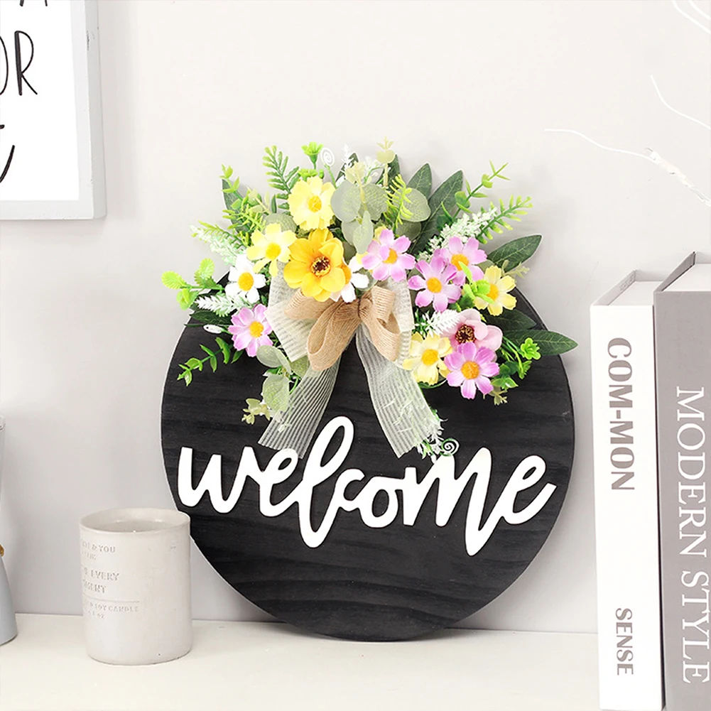 

Farmhouse Home Decor Coffee Shops Wooden Welcome Sign For Front Door Porch With Artificial Flower Restaurant Wedding Round