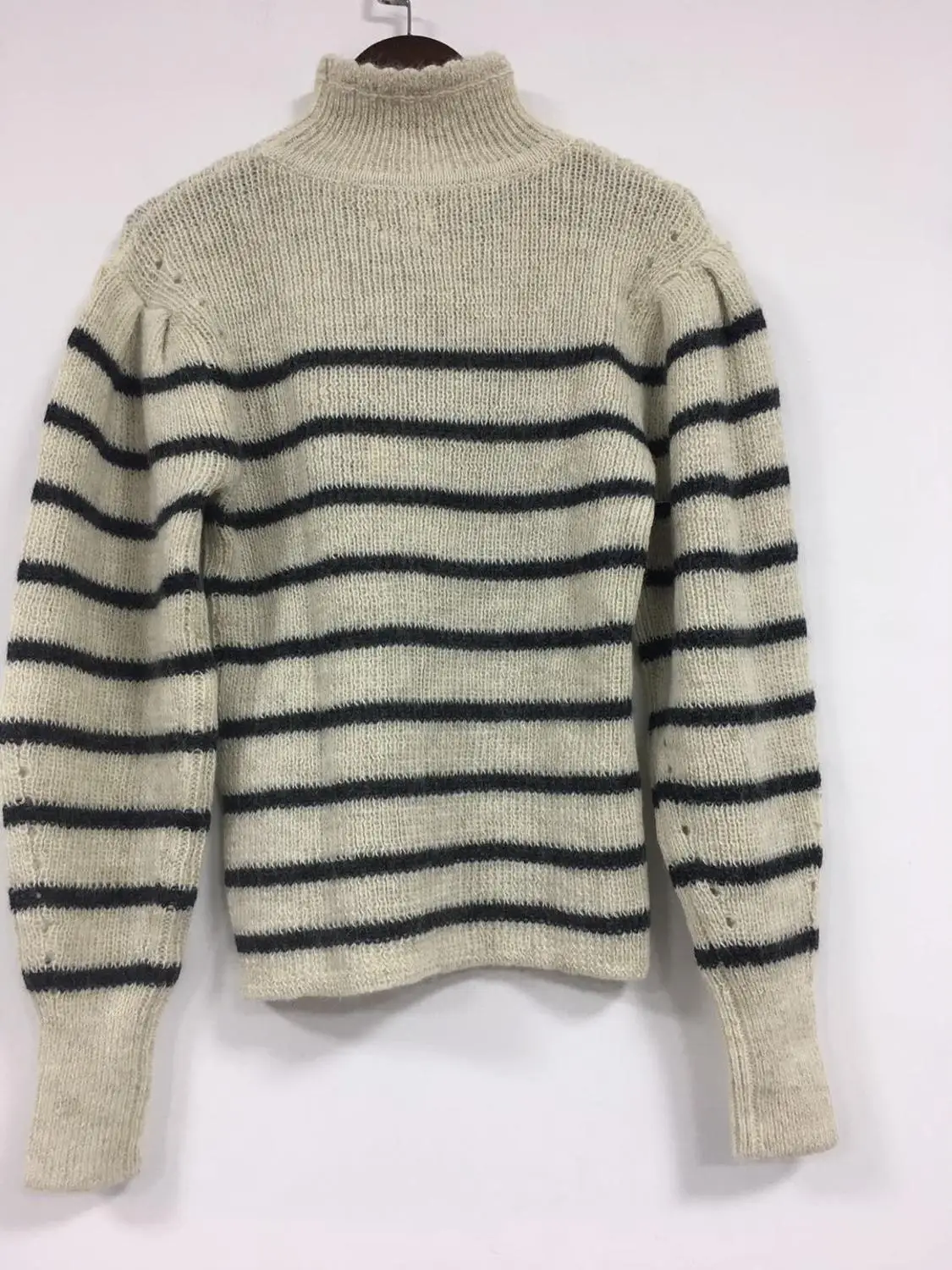 ESHINES High Quality Autumn Women Sweater Casual Turtleneck Puff Sleeve Hollow Out Striped Pullover Knitting | Женская одежда