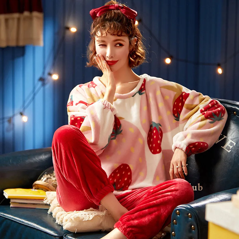 

Coral Fleece Pajamas Women'S Winter Thickening And Flannel Home Clothes Warm Suit Thin Section Leisure Winter Sleep Suit Pyjama