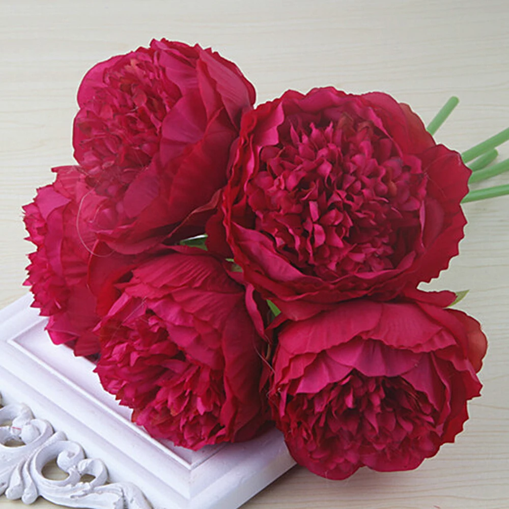 

5PCS European Style 5Heads Artificial Peony Flower Home Decoration Silk Real Touch Peony Fake Flower Wedding Party Gift Floral