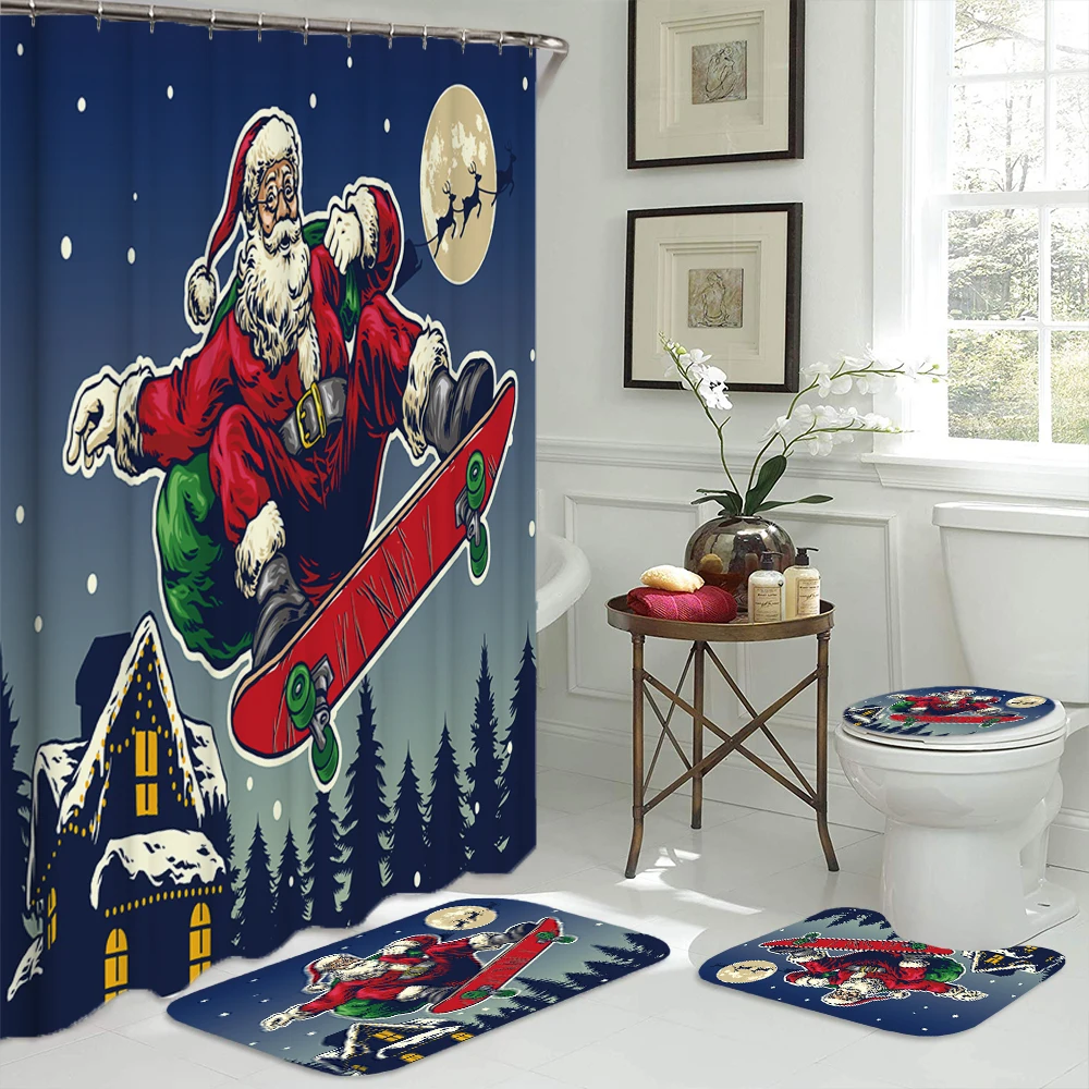 

Santa Claus Skateboarding Pattern Bathroom Curtains Christmas Print Toilet Bathroom Mat Shower Curtain Holiday Party Home Decor