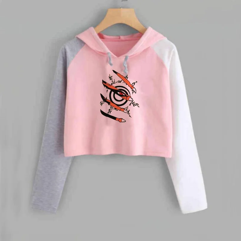 Harajuku аниме толстовки для женщин Наруто укороченная Толстовка Uchiha Uzumaki Hatake Eyes пуловер с рисунком толстовка хип хоп Уличная - Цвет: 2