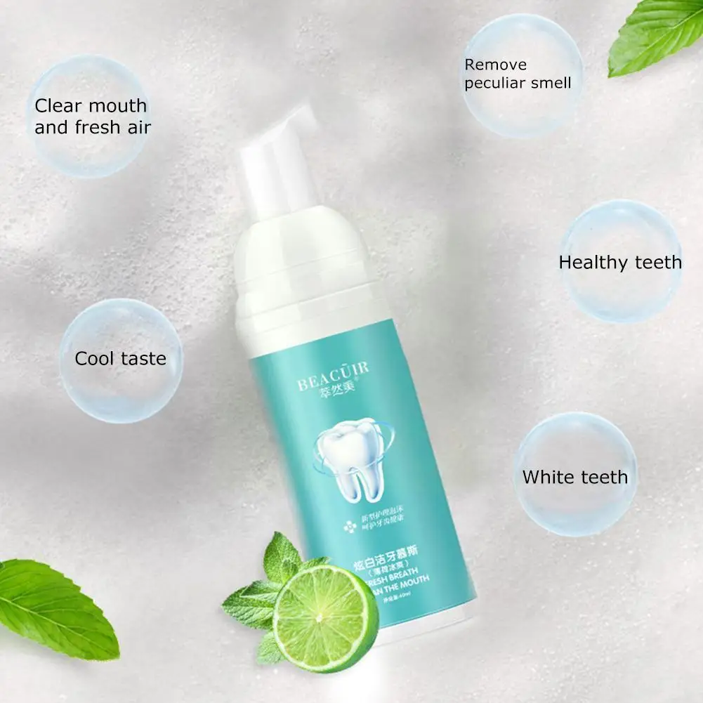 

60ml Teeth Whitening Mousse Mint Toothpaste Oral Hygiene Cleaning Tooth Refreshing Mouth White Removes Breath Stains Plaque W9B1
