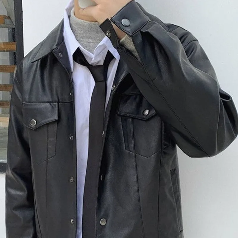 

Korean Black Leather Jacket Men's Slim Fashion Lapel Pocket Motorcycle Jackets Mens Streetwear Loose Hip-hop Bomber Jacket Men
