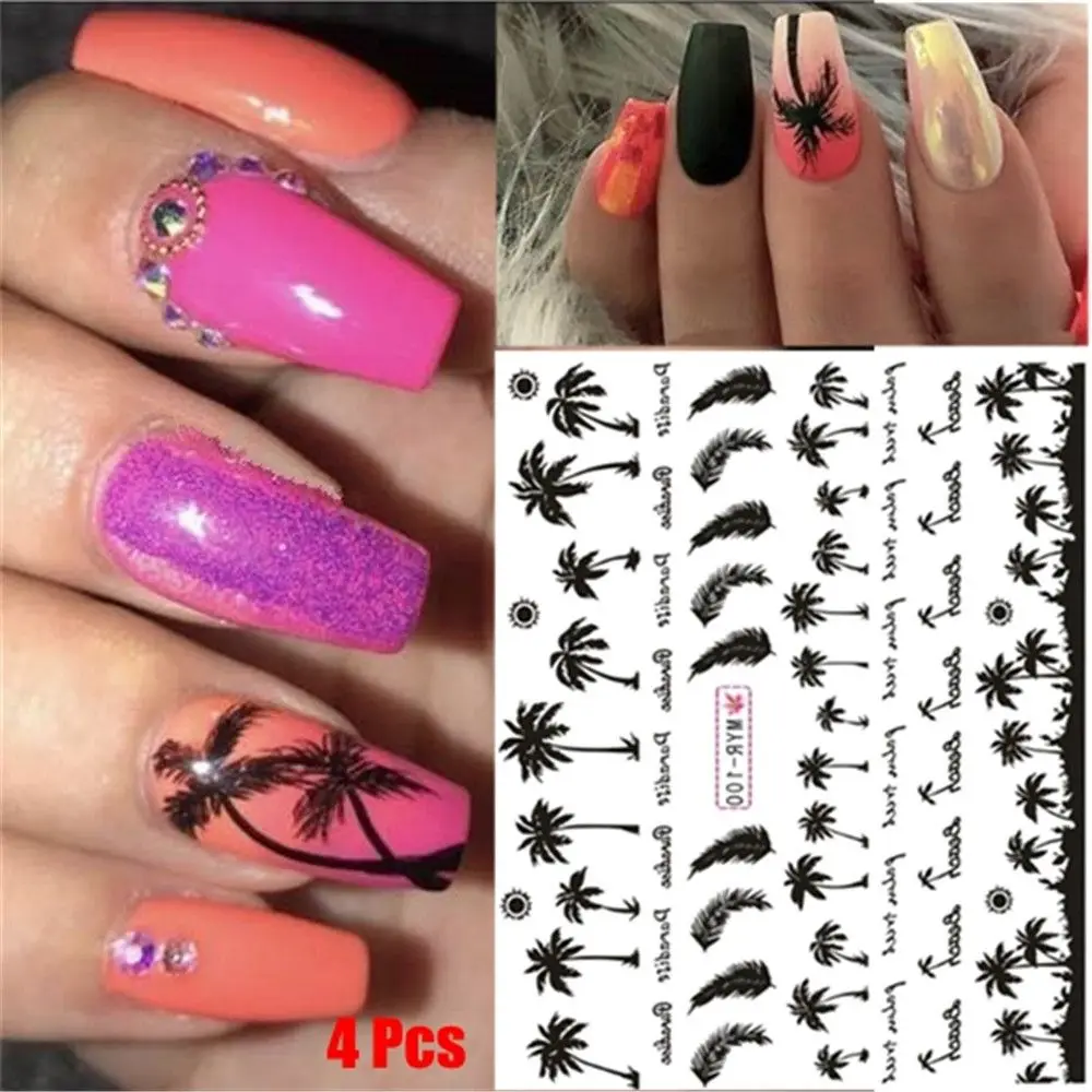 

4 Pcs/Pack New Hot Summer Palm Tree Nail Stickers Tropical style Coconut Tree Transfer Paper DIY Nail Decor