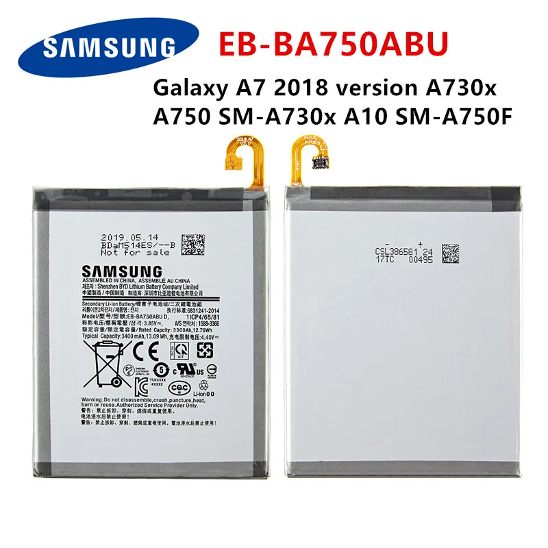 SAMSUNG-bater&iacute;a original de EB-BA750ABU, 3400mAh, para SAMSUNG Galaxy A7, versi&oacute;n 2018, A730x, A750, SM-A730x, A10, SM-A750F-0