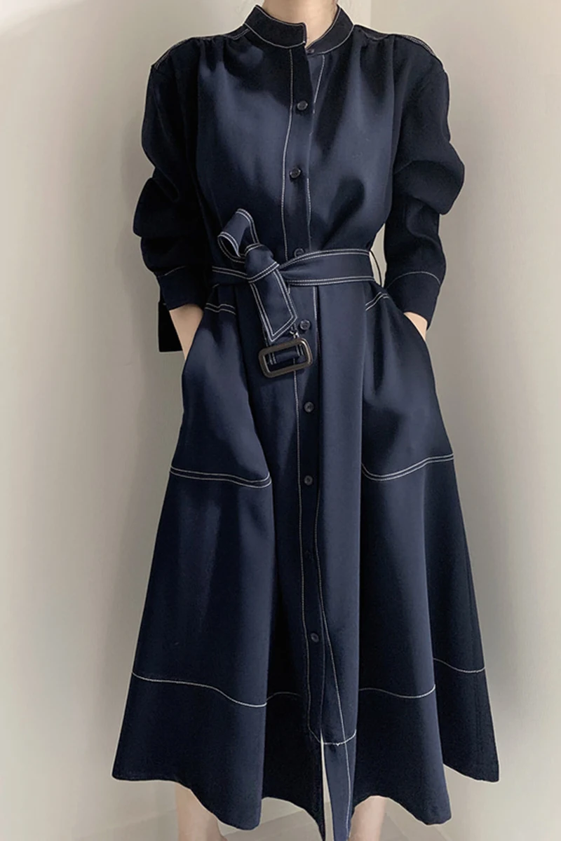 

2021 Temperament minimalist style dress Women elegant stand-up collar single-breasted mid-length dress lace-up windbreaker Dress