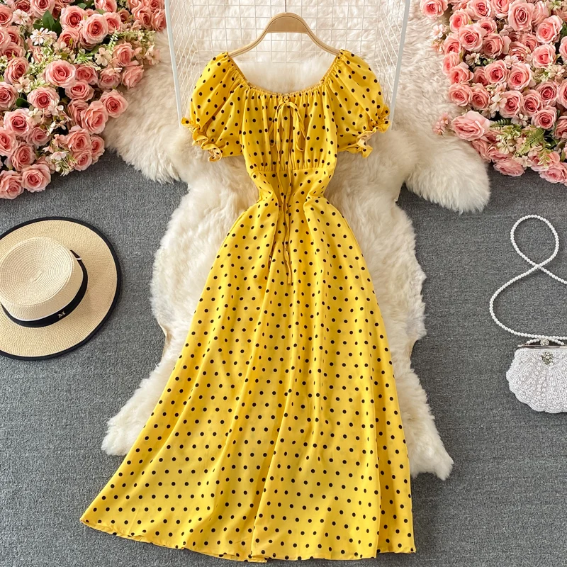 

Summer Elegant Purple Polka Dot Dress Women Robe Short Sleeve Square Neck A-Line Chiffon Midi Dress Female Vestidos 11 Colour