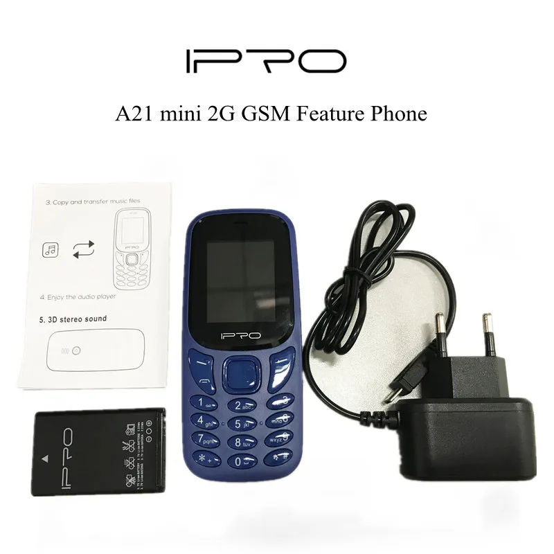 

2G Telefon Celulares IPRO A21 Mini Blue Feature Phone 600mAh Flashlight Music EU Plug teléfono inteligent GSM Mobile Phones