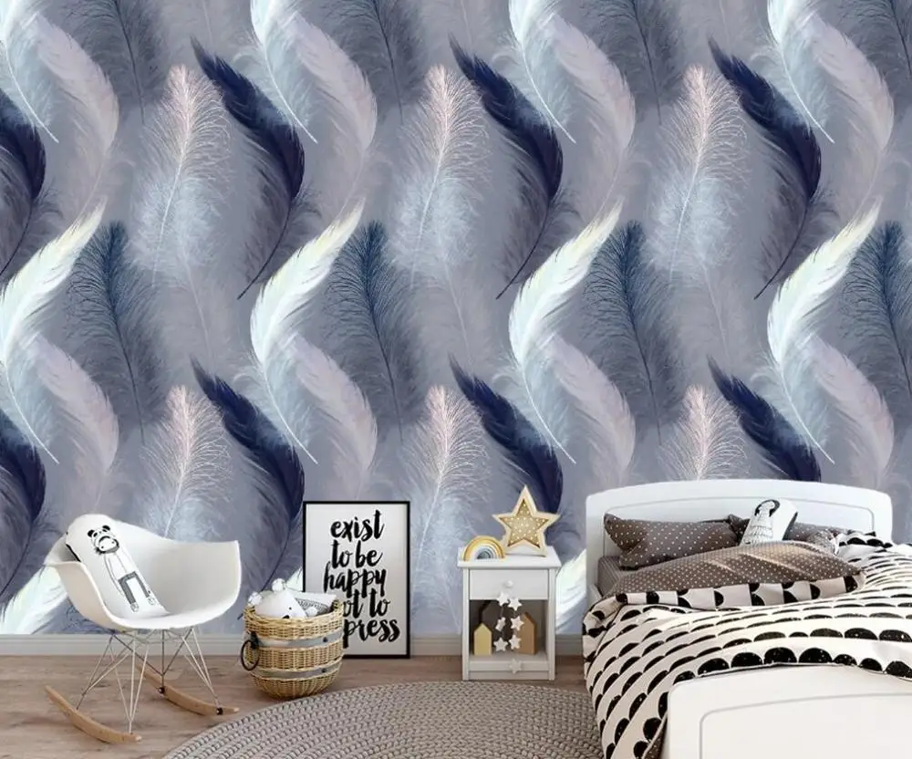 3D обои на заказ роспись в европейском стиле ручная синие белые черные и перья