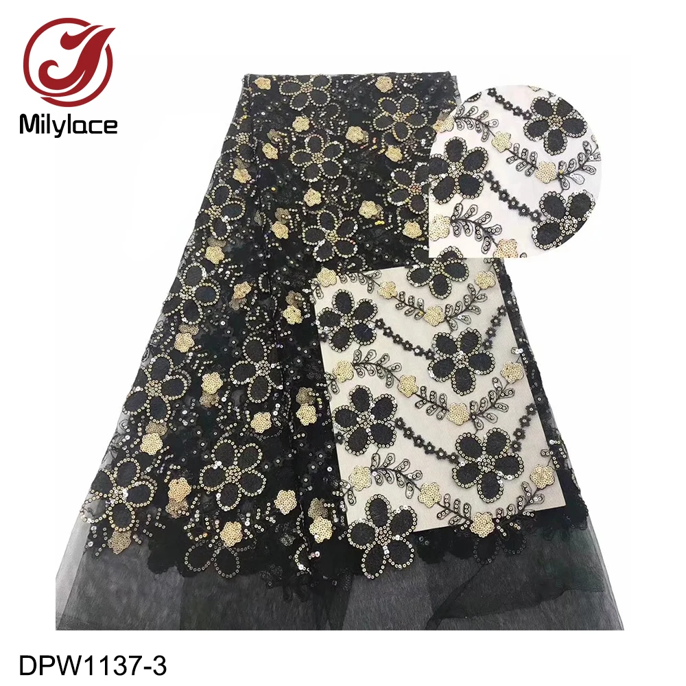 

Milylace white color French lace fabric lovely floral embroidery tulle lace fabric with sequins 5 yard for wedding party DPW1137