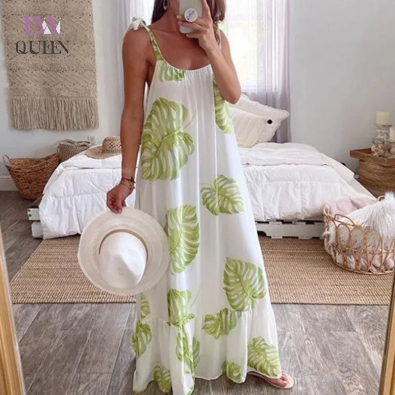 

EvaQueen Print Bohemian Maxi Dress Women Backless Spaghetti Strap Tie Bow Loose Maxi Long Dresses Summer Beach Party Vestidos