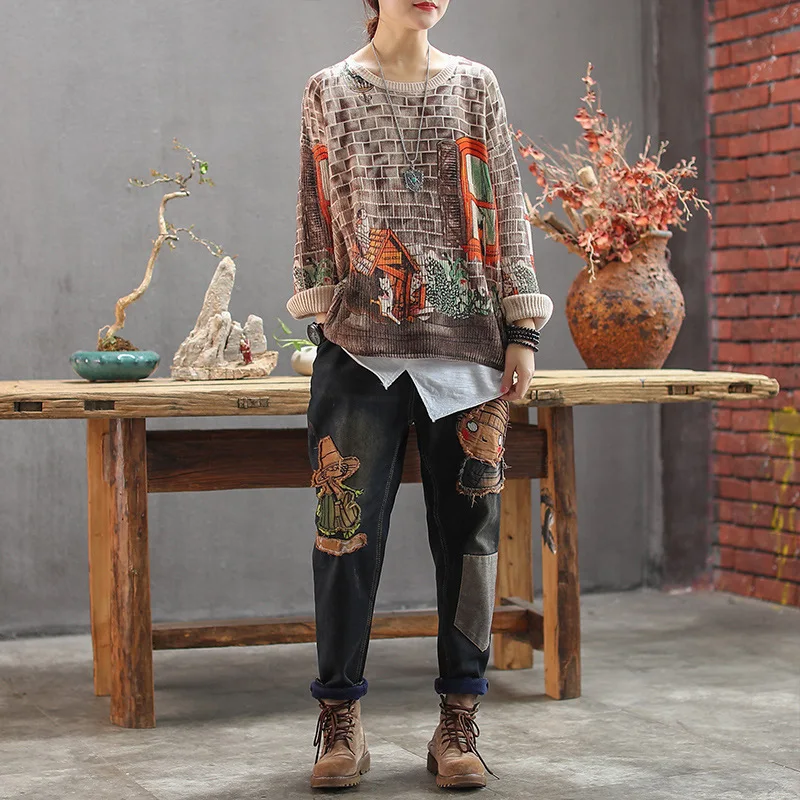 Women Sweater Autumn Winter Retro Large size Knitting Pullovers Tops 2019 New Ladies Print Pattern Loose All-match | Женская одежда