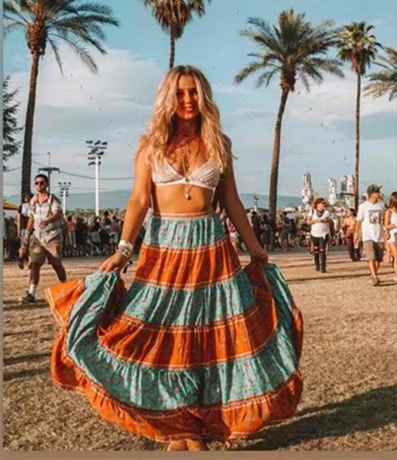 Женская пляжная юбка с цветочным принтом длинная трапеция в стиле бохо высокой