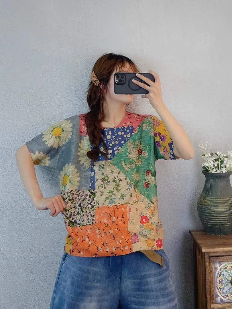 

Новинка лета 2021, Литературная стильная Свободная Повседневная тонкая вязаная футболка из хлопка и льна с коротким рукавом, женский топ с пр...