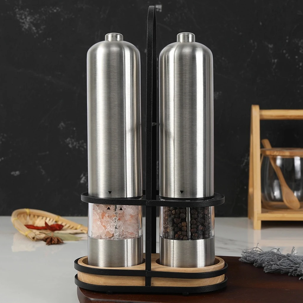 

2pcs Electric Pepper Mills Grinder Stainless Steel with Stand Sea Salt Coarseness Adjustable One-handed Operation for Cooking