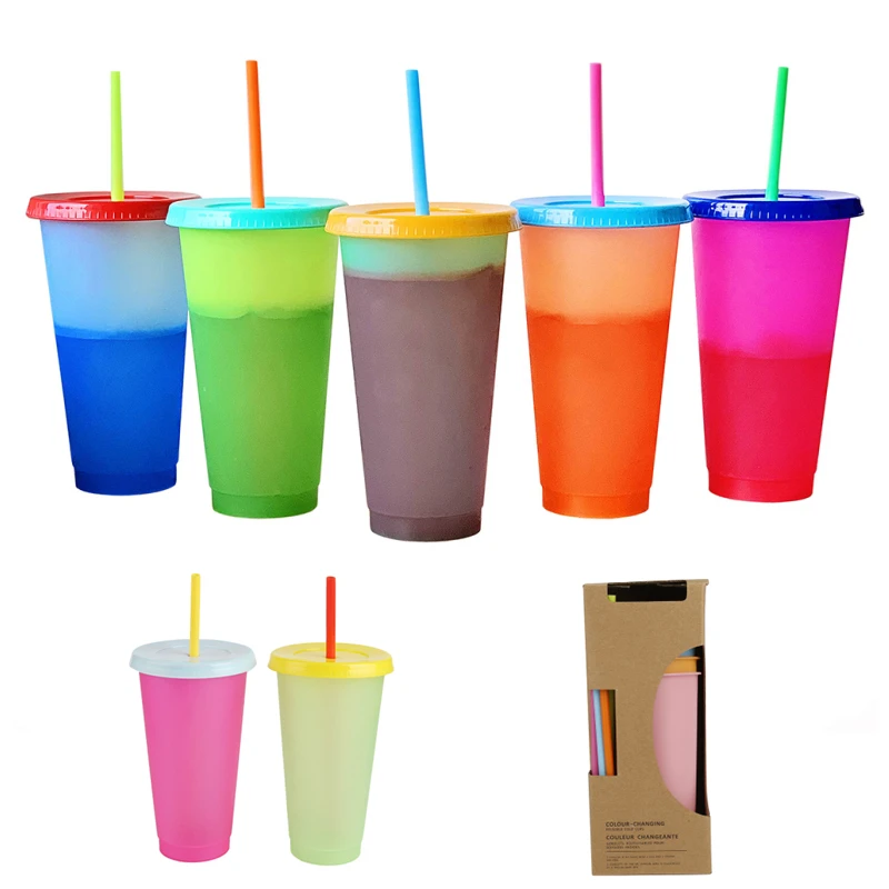 

Cold Drinks Color Changing Cup 710ml 5PCS/Box Translucent Discoloration Tumblers Coffee Juice Straw Mug With Lid Plastic Tumbler