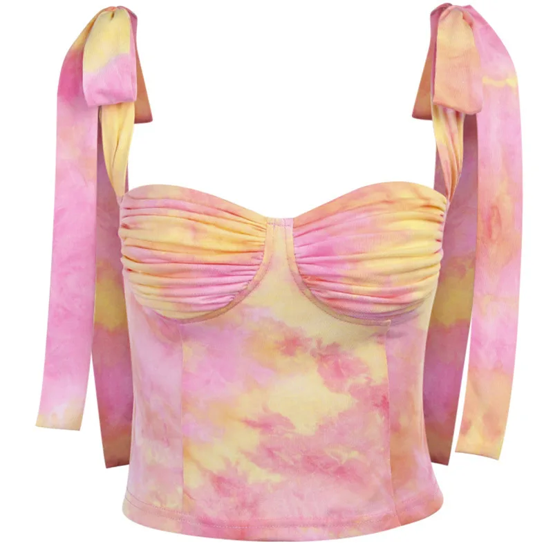 

2020 New Summer Tie Dye Print Backless Crop Top Women Bowtie Strap Ruched Tank Top Women Camis Sexy Club Party Tops Streetwear