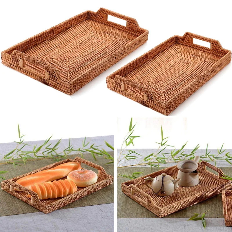 

Rattan Woven Serving Trays with Handle Handmade Woven Tray Snack Plate Rattan Woven Basket Fruit Snack Display Tray