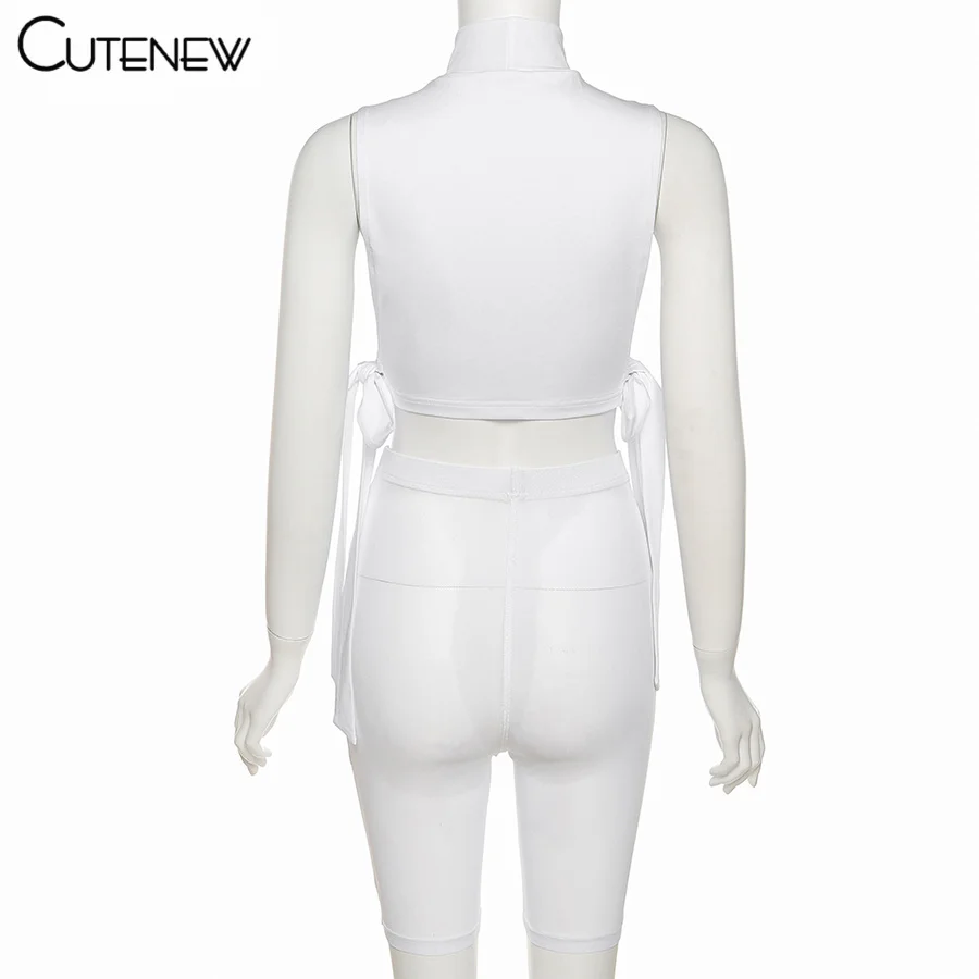 

Cutenew Summer Sexy Mesh Solid White Tank Tops And Shorts Two Pieces Suit Women 2021 Casual Slim Stretch Skinny Lady Street Sets