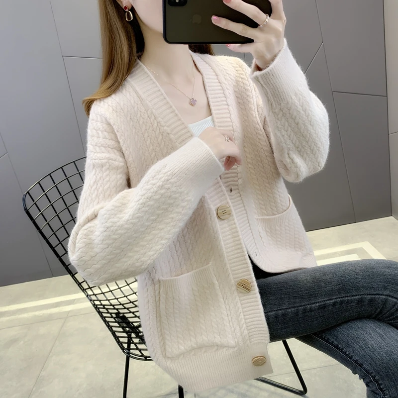 

21360 (under No. 2, row 12 of the hall) real shot twist pocket solid color V-neck knitted cardigan [3500] 56