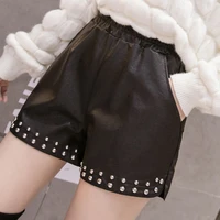 shorts 2021 autumn pu leather women loose shorts winter streetwear rivet black high waist wide leg casual elastic clothes female