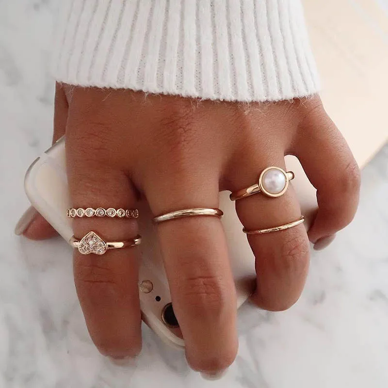 R017 5 шт./компл. ретро простые кольца в форме круга сердца с кристаллами для женщин