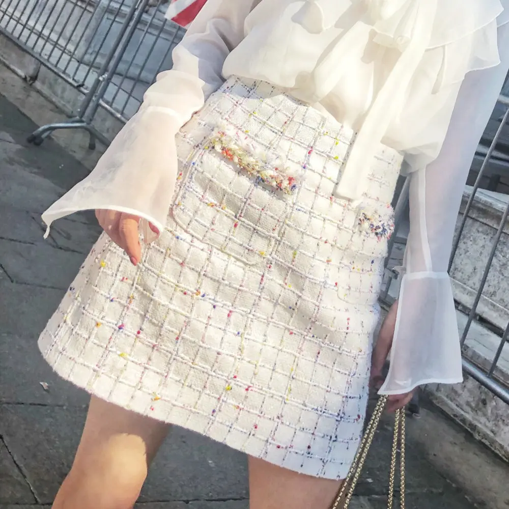 Женская модная клетчатая вязаная твидовая шерстяная юбка белая офисная