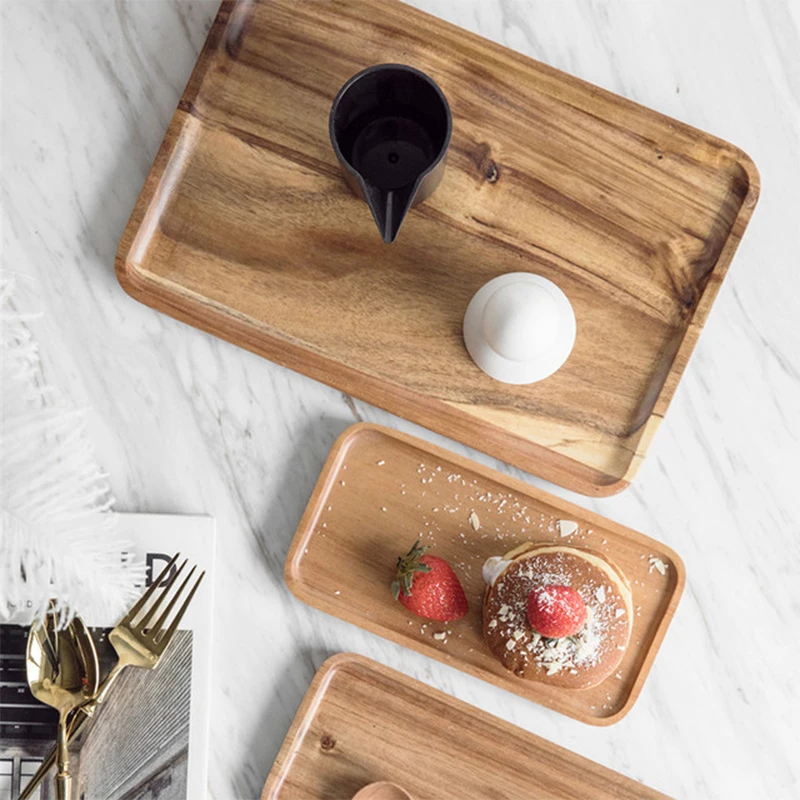 

1Pcs Acacia Wood Serving Tray Square Rectangle Breakfast Sushi Snack Bread Dessert Cake Plate With Easy Carry Grooved Handle