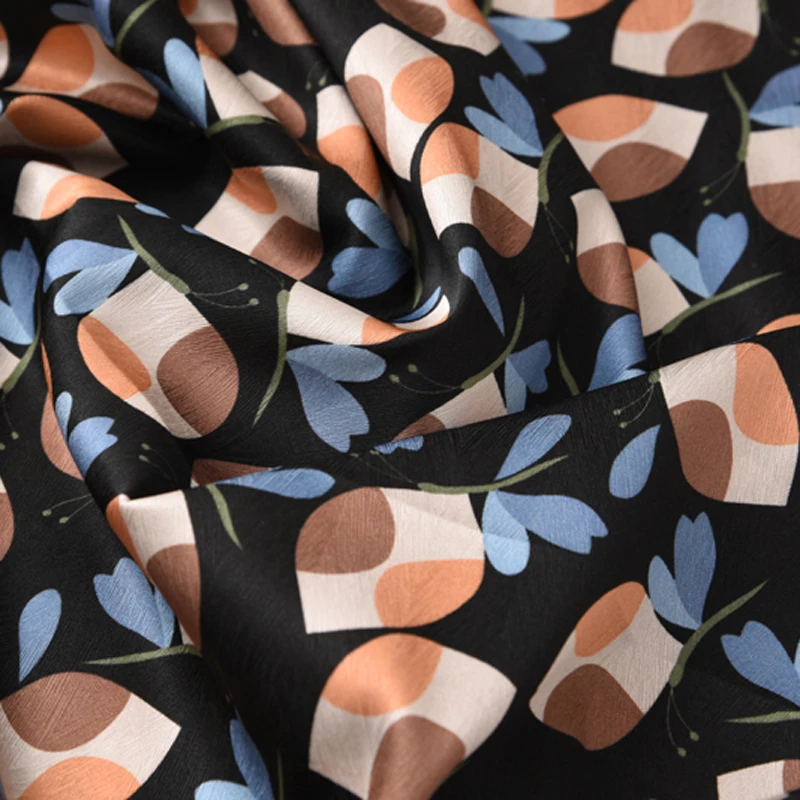 

140CM Wide 20MM Print 90% Silk 10% Lycra Stretch Black Heavy Silk Fabric for Blouse Dress Cheongsam H640