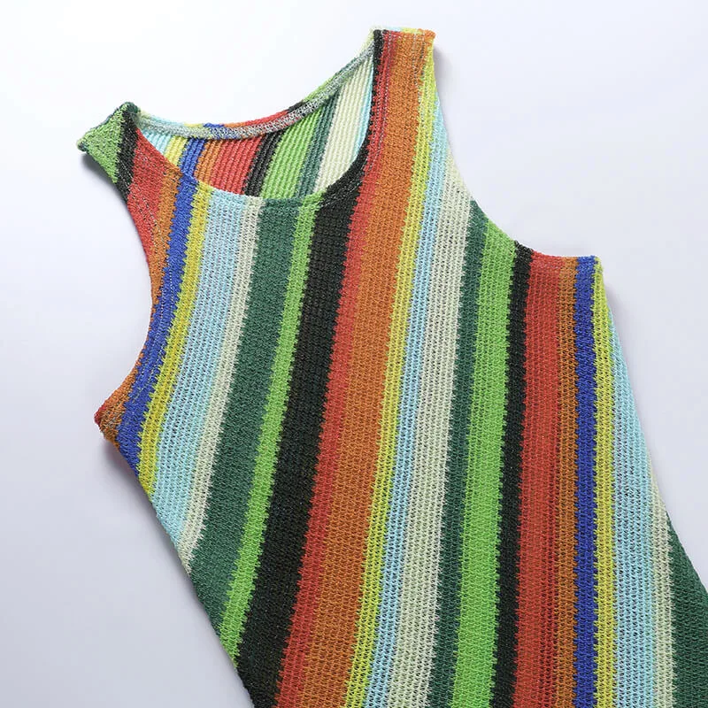 

Mozision Patchwork Stripe Knitted Dress For Women Summer O Neck Skinny Mini Tank Dresses Ladies Bodycon Striped Party Club Dress