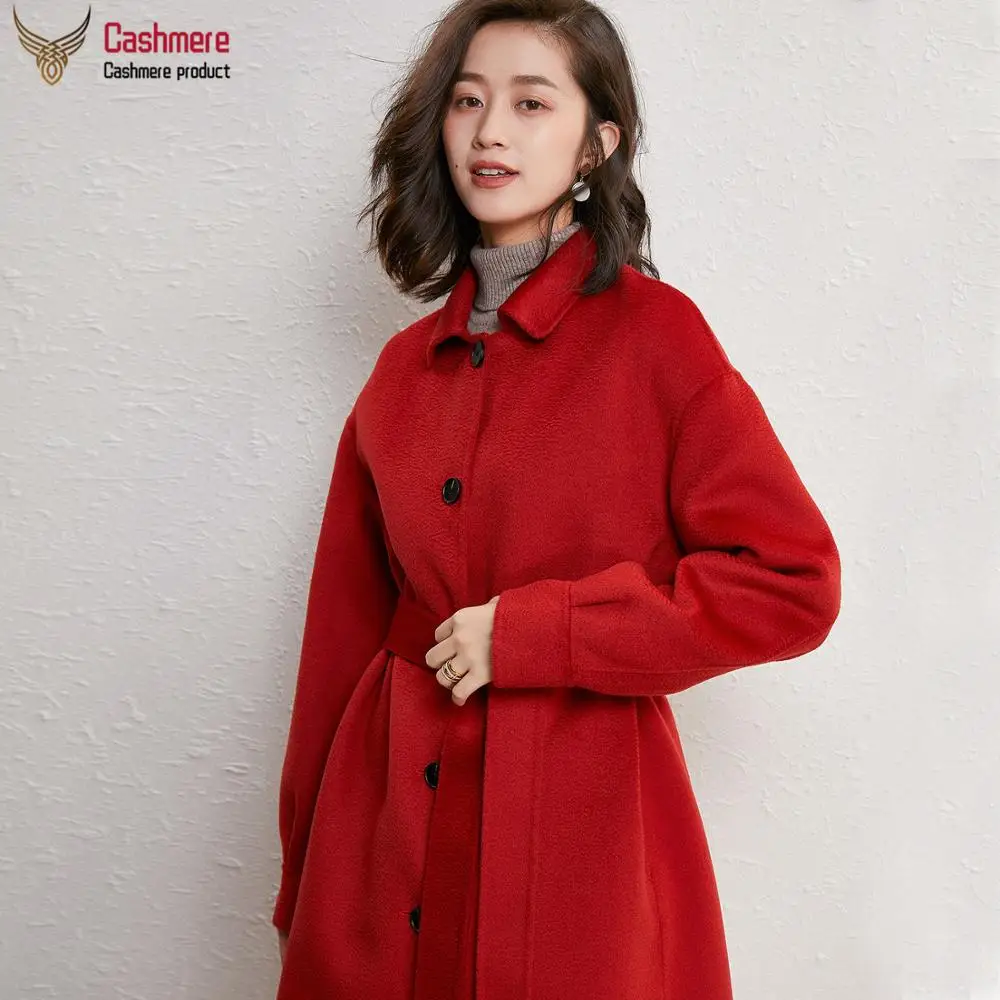 Wool coat women winter long wool retro loose female water ripple single-breasted lantern sleeve red | Женская одежда