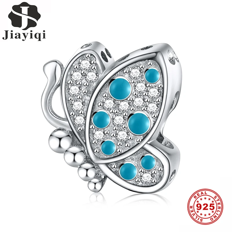 Jiayiqi, голубые бабочки, 925 пробы, серебряные амулеты, бусины, подходят для оригинальных 925 серебряных безделушек, женский браслет, сделай сам, серебряные 925 ювелирные изделия