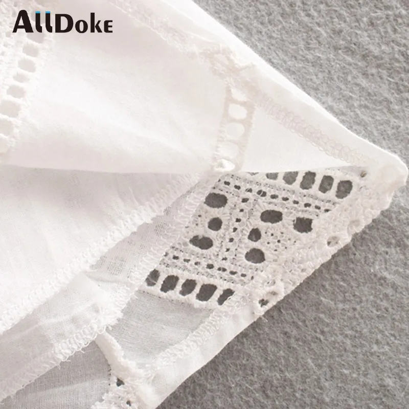 

ALLDOKE hollow out white casual dress women summer high waist stand long sleeve sashes vintage short A line dresses vestidos