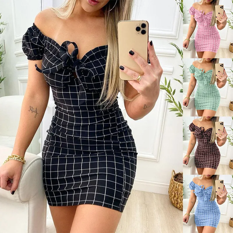 

Mini Dress Women Summer 2021 New Plaid Print Off Shoulder Hip Wrap Sexy Dress