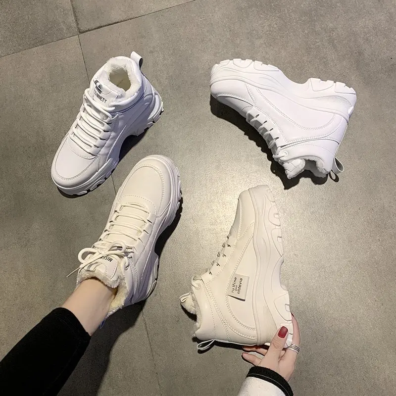 Warm Short Fur Sneakers Women 2021 Autumn Winter Fashion Shoes Woman Lace Up leather white p491 | Обувь