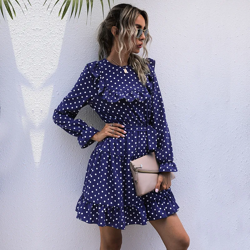 

Ladies Vintage Dot Print Mini Dress Women Casual O Neck High Waist Slim Ruffles Spring Autumn Short Women Dress Vestidos Female
