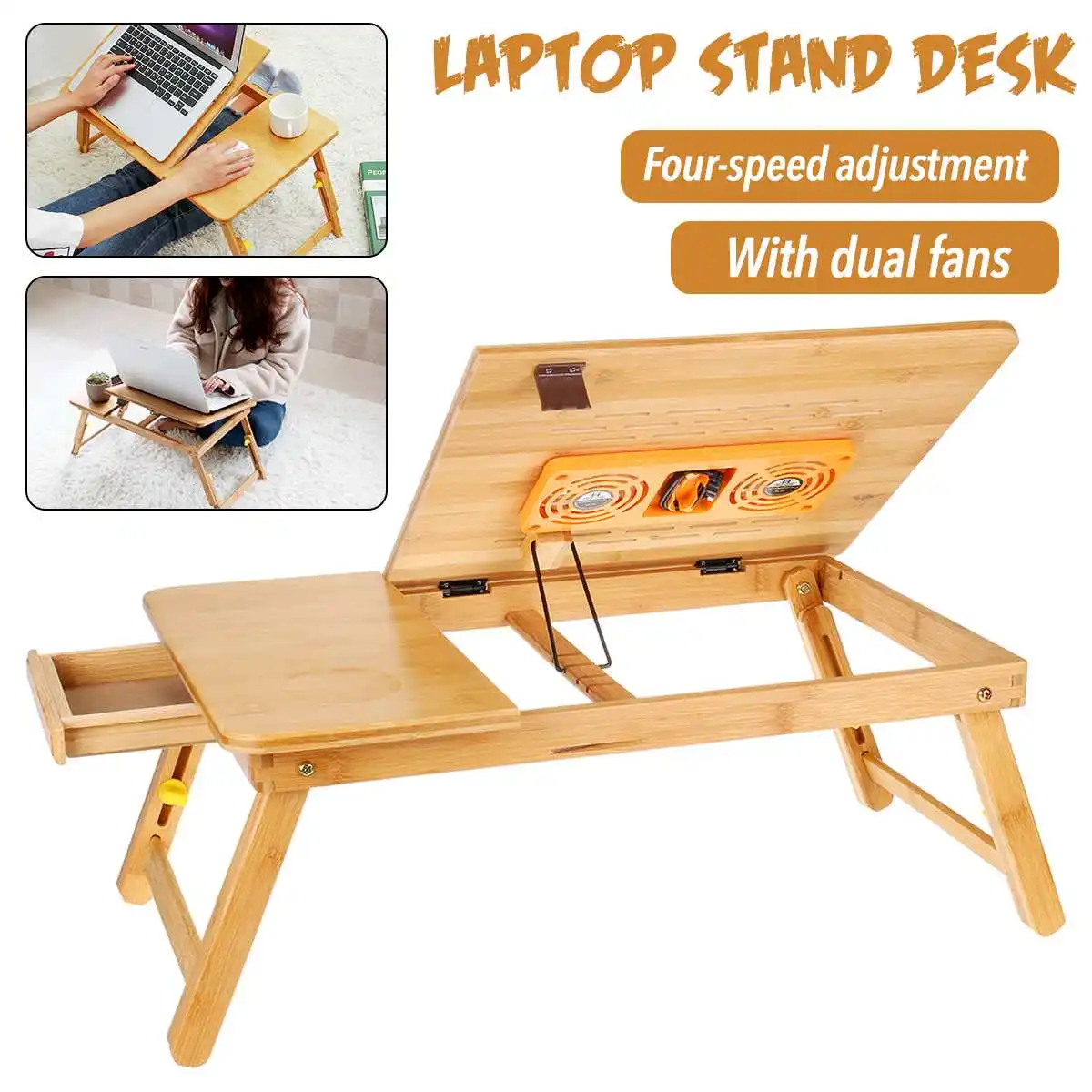 

Bamboo Laptop Desk with Drawer + 2Cooler Fans Folding Laptop Stand Computer Table For Home Bed Sofa Tray Adjustable Laptop Desks
