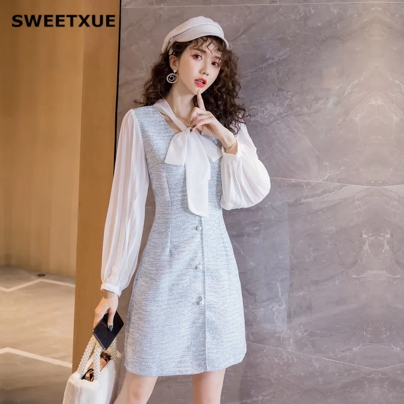 SWEETXUE осеннее контрастное сшитое платье с бантом 2019 женские новые однобортные