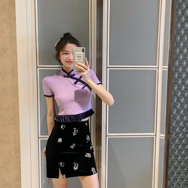 

Women Fashion Retro Cheongsam Tops Skirts Chinese Style Qipao Slim Split Mini Dress Elegant Bodycon Party Oriental Clothing Sets