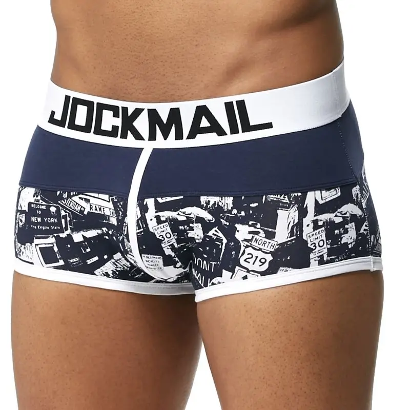 JM429-NavyBlue Бренд JOCKMAIL, мужские боксеры, хлопковое сексуальное мужское нижнее белье, боксеры с u-образной выпуклой сумкой, трусы с принтом листьев, Сетчатое дышащее нижнее белье для геев - Цвет: JM429-NavyBlue
