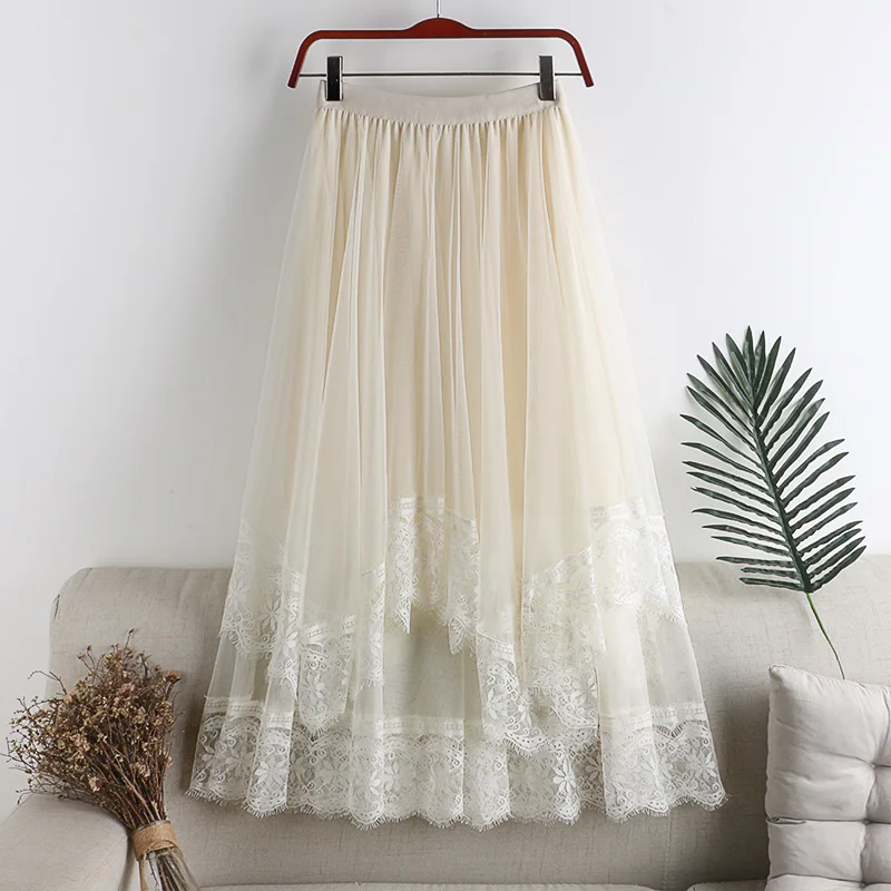 Летние женские 2 слоя миди юбка в сетку с эластичной резинкой на талии кружевом и