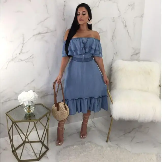 Женское платье из джинсовой ткани с открытыми плечами и воланом Новинка лета 2021