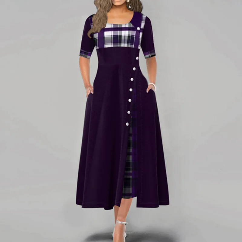 

Elegant Women Summer Autumn Maxi Dress 2020 New O Neck Short Sleeve Plaid Splicing Button Casual Party Long Dress Lady Robe 5XL