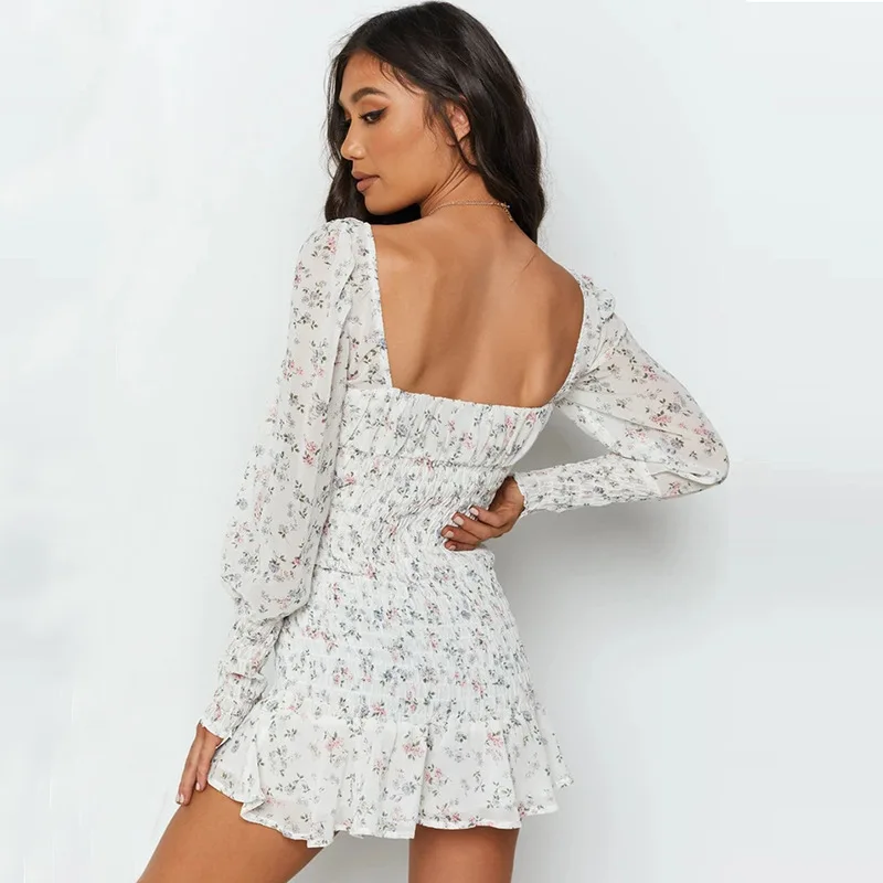 

Women Summer Casual Clothing White Pleated Ruffle Floral Printed Sexy Backless Square Collar Long Sleeve Chiffon Mini Dress 2021