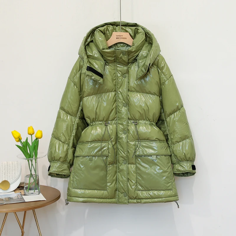 

FTLZZ White Duck Down Jacket Winter Bright Loose Coat Women Snow Clothes Warm Mid-long Parka Waist Tie-wraps Oversize Outwear