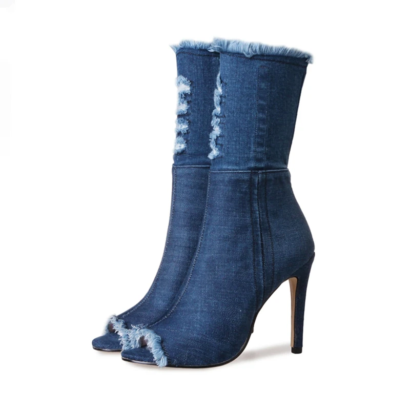 

Blue Jeans Denim Boots High Heels New Summer Shoes Pee Toe Ankle Boots for Women Sexy Woman Stiletto Heel Spring Autumn Footwear